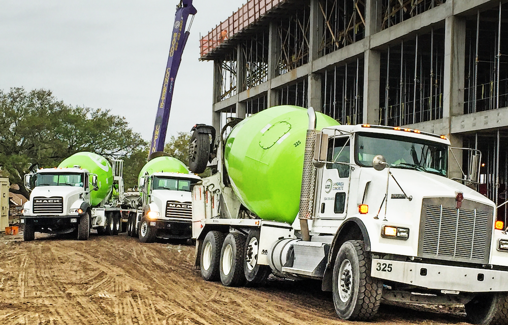 Ready-mixed trucks at large concrete project